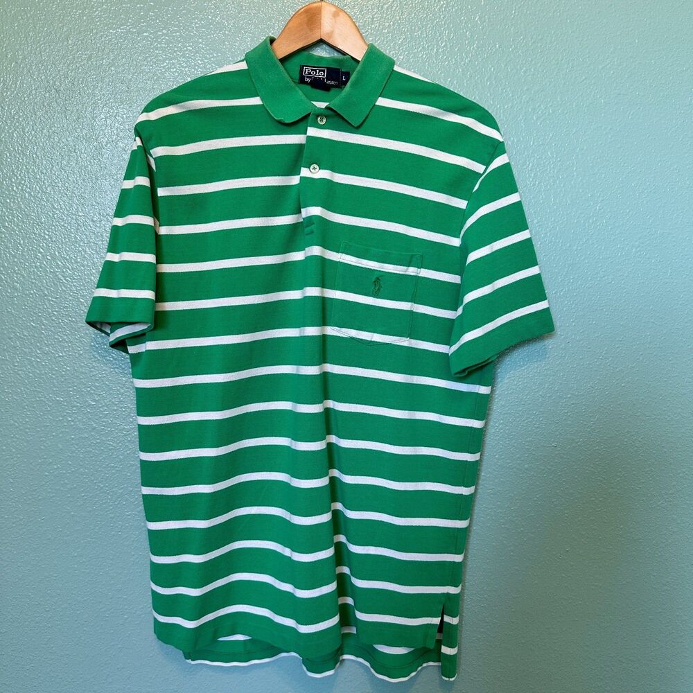 Polo Ralph Lauren Shirt Stripe White Green Pocket Pony Logo Golf Large